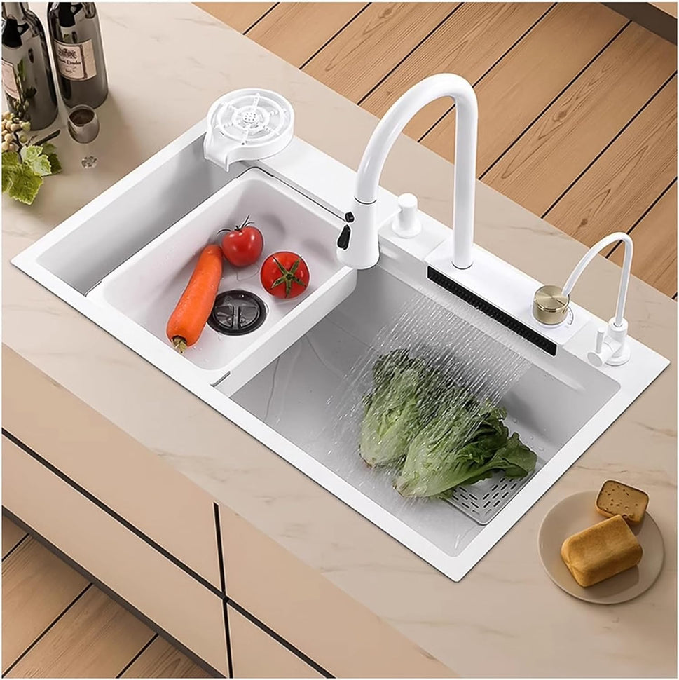 Fossa 30"x18" Waterfall Kitchen Sink with Integrated Waterfall Mode and Pull down Faucet with Steel Tray, Fruit Basket, and Complete Accessories Set - (White)