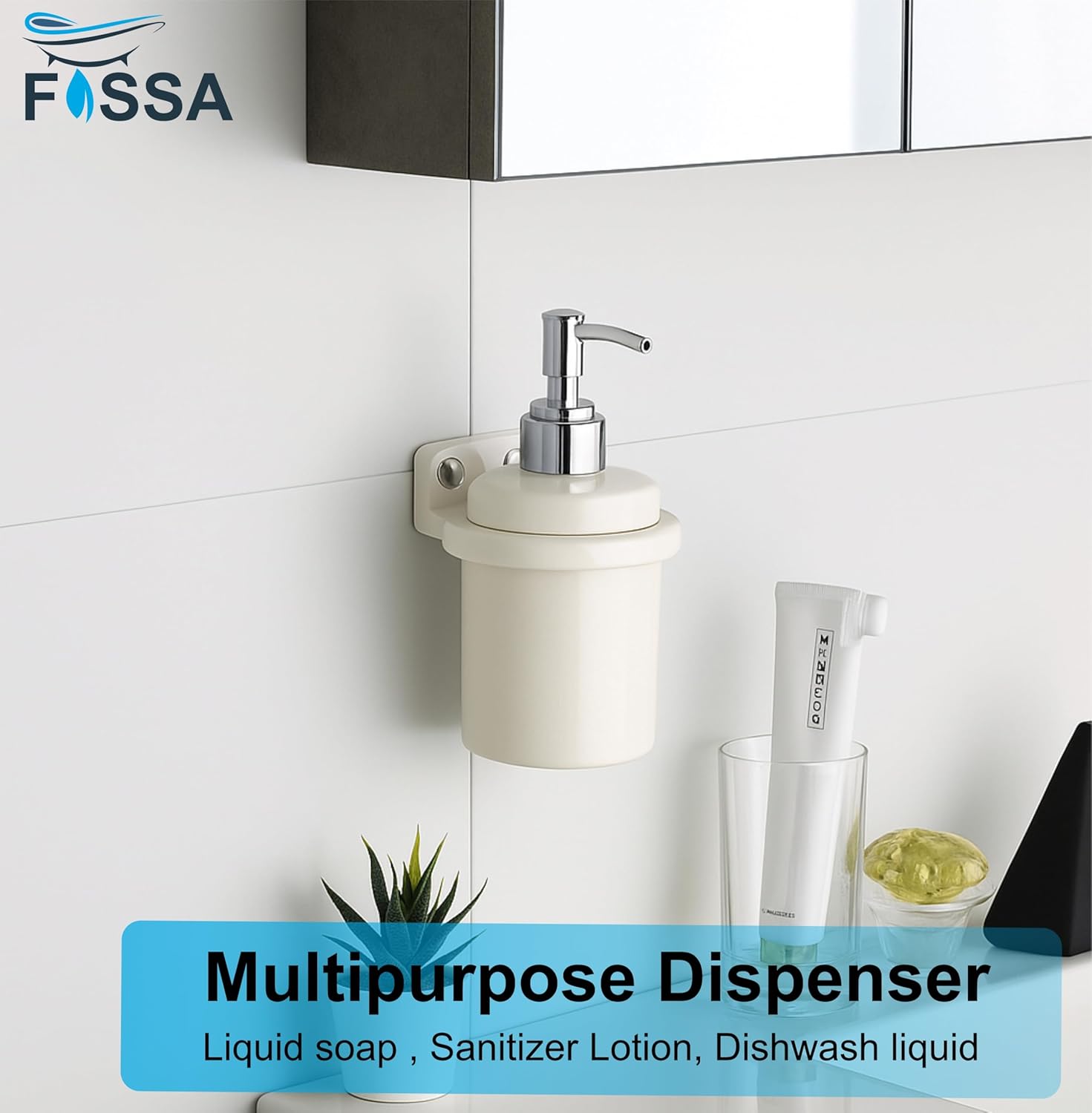 Fossa Classy Soap Dispenser for Bathroom & Kitchen – Wall Mounted Dispenser for Hand Wash & Face Wash | Ceramic Body White (Glossy Finish) - Fossa Home 