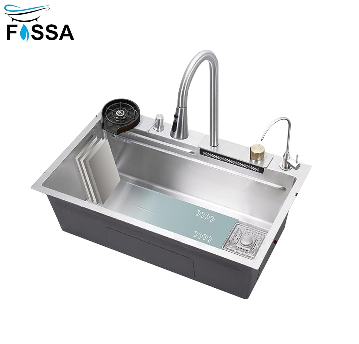 FOSSA 30"x18"x10" SS-304 Grade Handmade Single Bowl With Water Fall Kitchen Sink, Matte Finish, With Basket