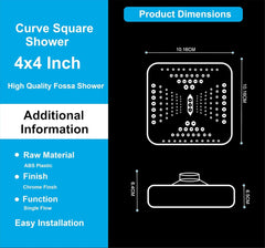Fossa 4"x4" Square Curve Shower Head - High Pressure Rain - Luxury Design - 1-Min Install - Easy Clean Adjustable for Your Bathroom Shower Heads (Without Arm)