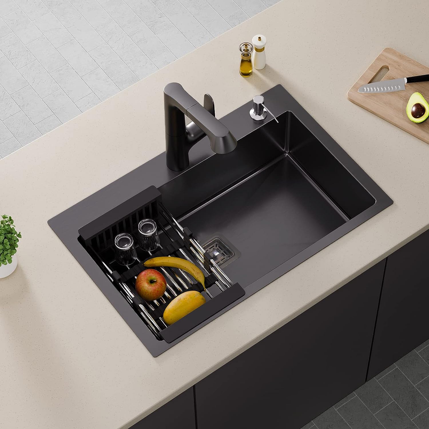 304 Handmade (24 x 18 x 10) Inch Single Bowl Black with Tap Hole Stainless Steel Kitchen Sink - Fossa Home 