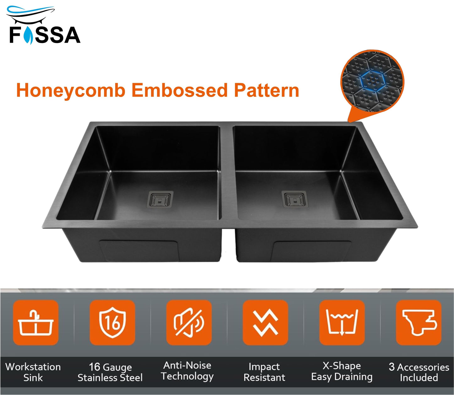 Fossa 37"x18"x10" Double Bowl Handmade Kitchen Sink Honeycomb Embossed Sink with Black Nano Coating, Stainless Steel Sink, Rectangular Workstation with Drainer and Overflow Set (Black)