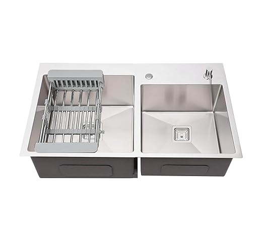 Fossa Silver Kitchen Sink - 45"x20"x10" Stainless Steel Double Bowl Sink With Tap Hole,Drain Basket, Soap Dispenser, Siphon Drain - Topmount Sink for Campervan or Home Kitchen