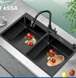 Fossa Black Kitchen Sink - 37"x18"x10" Stainless Steel Double Bowl Sink With Tap Hole,Drain Basket, Soap Dispenser, Siphon Drain - Topmount Sink for Campervan or Home Kitchen