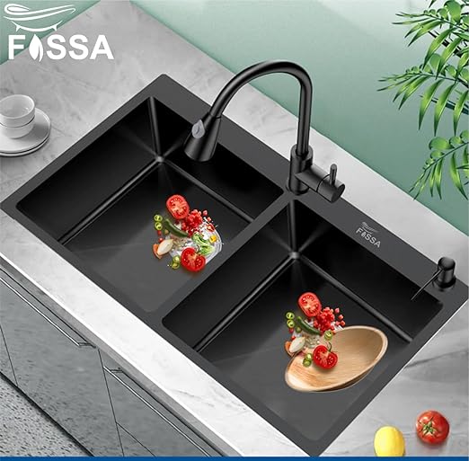 Fossa Black Kitchen Sink - 37"x18"x10" Stainless Steel Double Bowl Sink With Tap Hole,Drain Basket, Soap Dispenser, Siphon Drain - Topmount Sink for Campervan or Home Kitchen