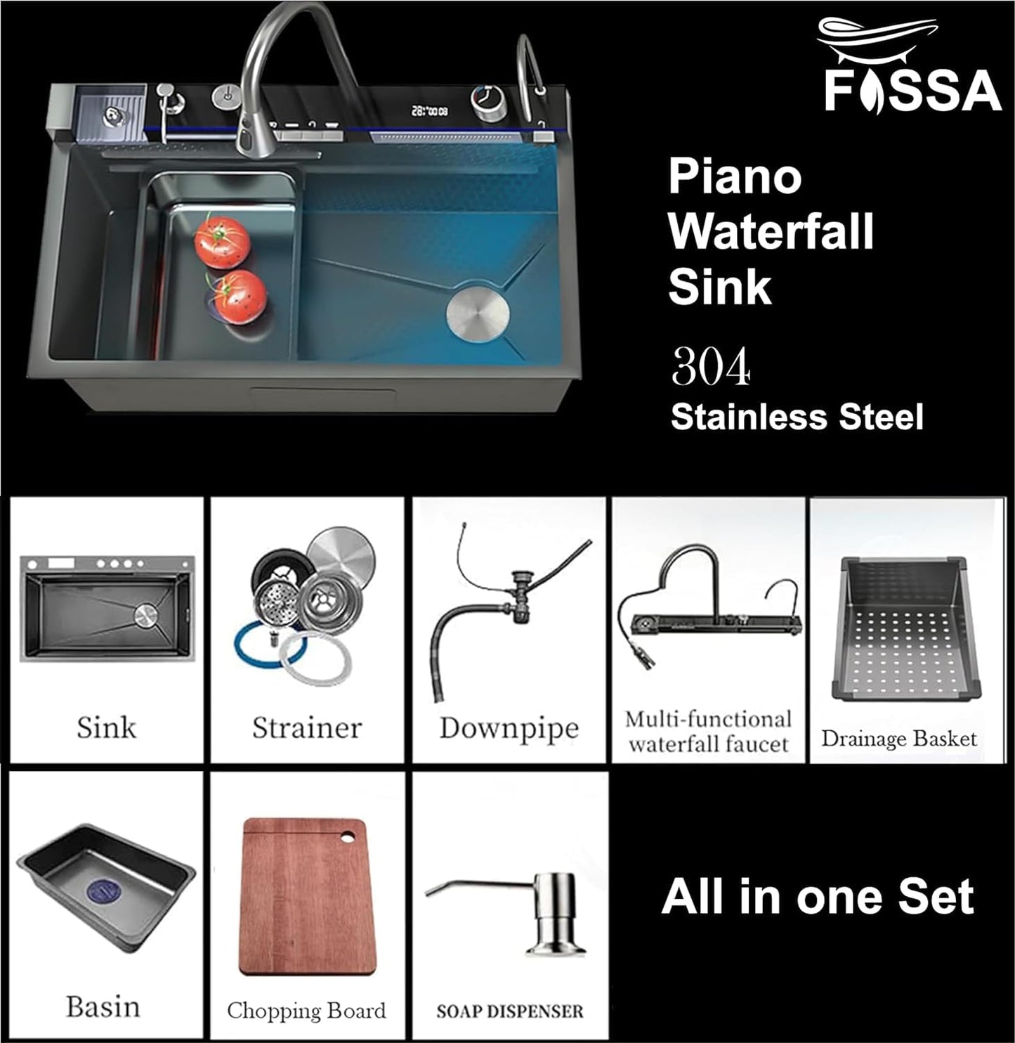 Fossa (30 x18x10) Inch Piano Fully Equipped Kitchen Sink with Integrated Waterfall and Pull-down Faucets - SS-304 Grade Stainless Steel Sink with LED Pannel and Digital Display - Nano Black Finish