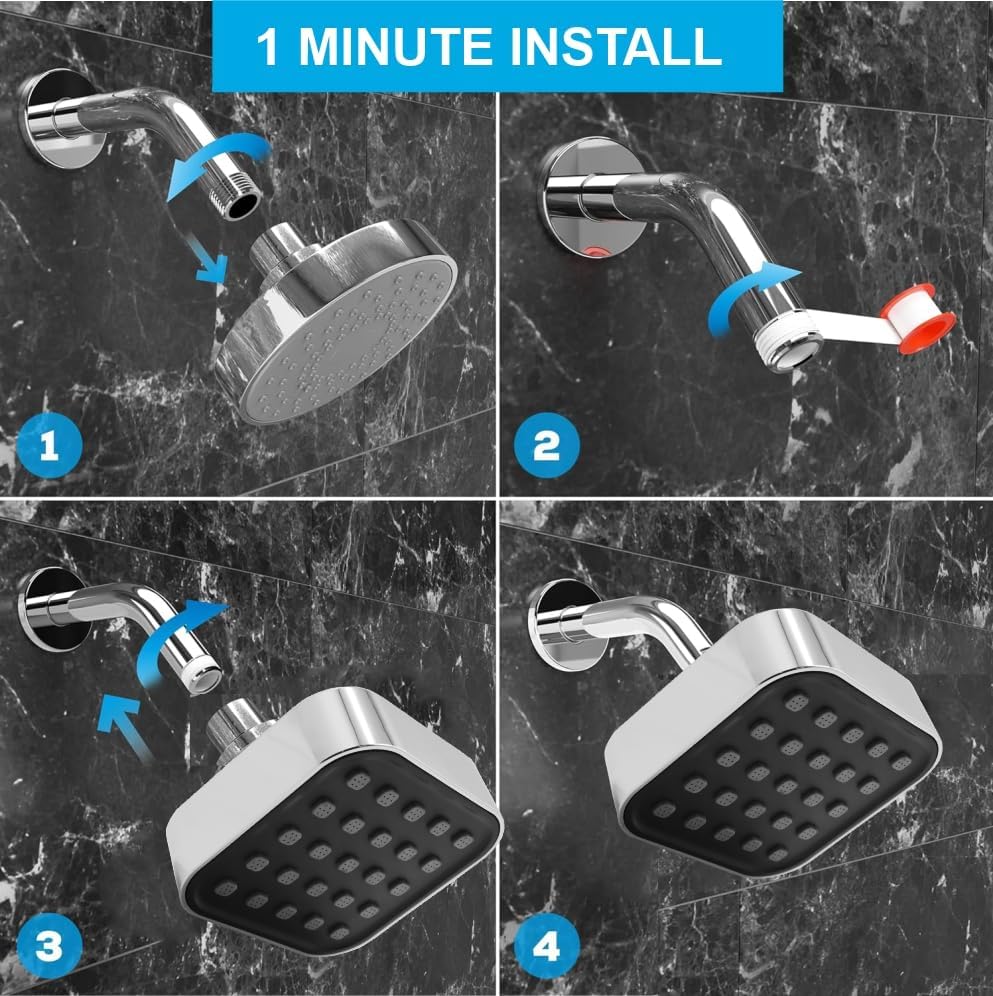 Fossa 4"x4" Square Elite Shower Head - High Pressure Rain - Luxury Design - 1-Min Install - Easy Clean Adjustable for Your Bathroom Shower Heads (Without Arm)