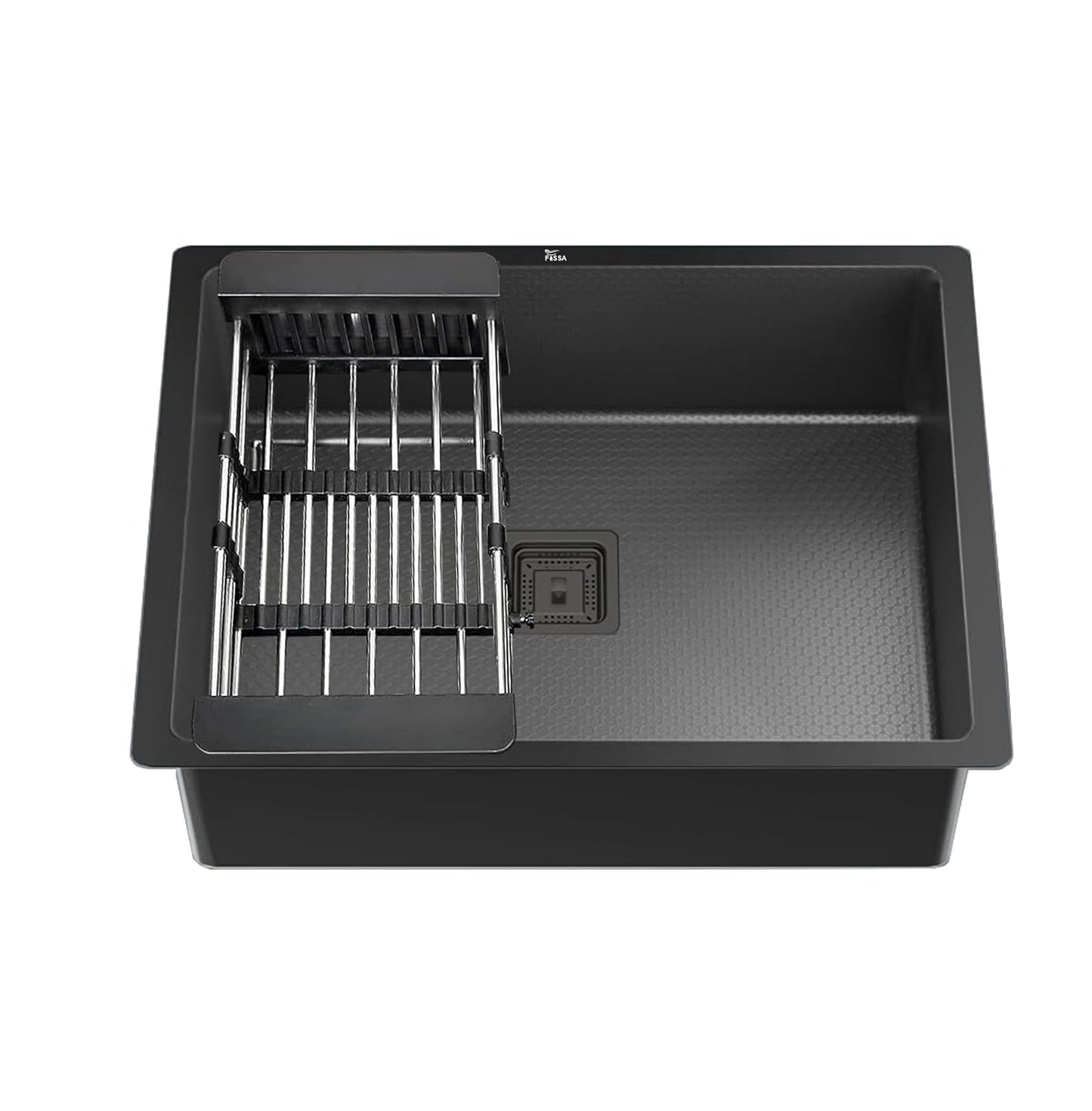 Fossa 22"x18"x09" Single Bowl Honeycomb Embossed Sink with Black Nano Coating, Stainless Steel Single Bowl Sink, Rectangular Workstation with Drainer and Overflow Set (Black)