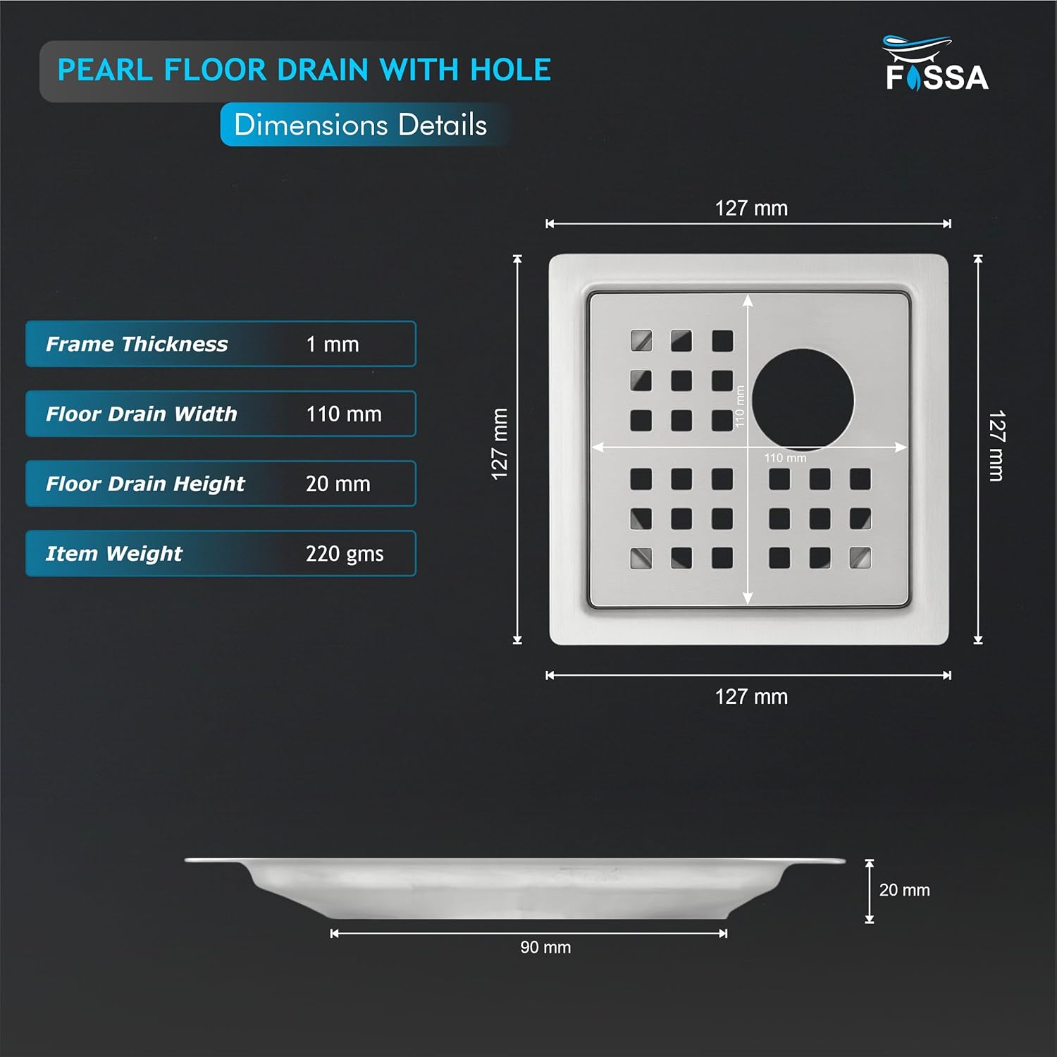 Pearl Floor Drain (5 x 5 Inches) Premium Stainlees Steel With Hole - Fossa Home 