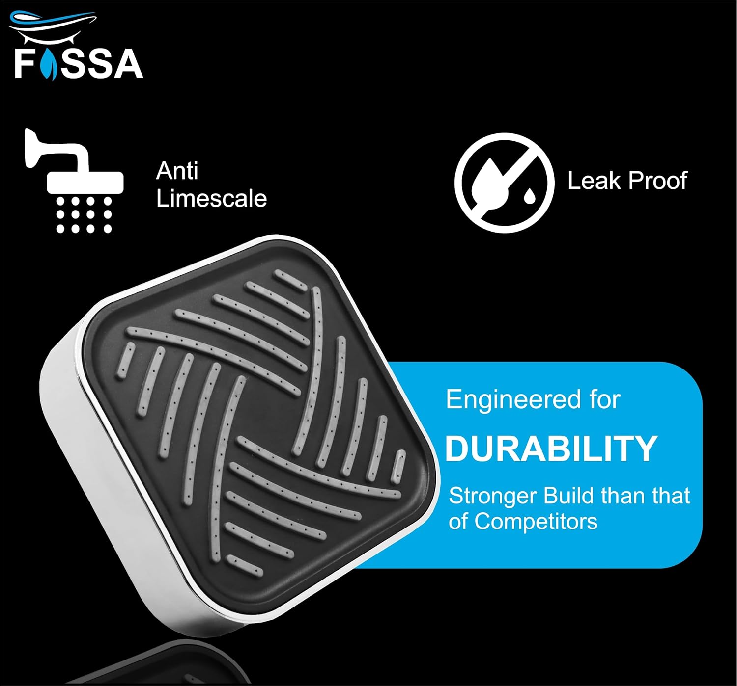 Fossa 4"x4" Square Lexo Shower Head - High Pressure Rain - Luxury Design - 1-Min Install - Easy Clean Adjustable for Your Bathroom Shower Heads (With 9" Arm)