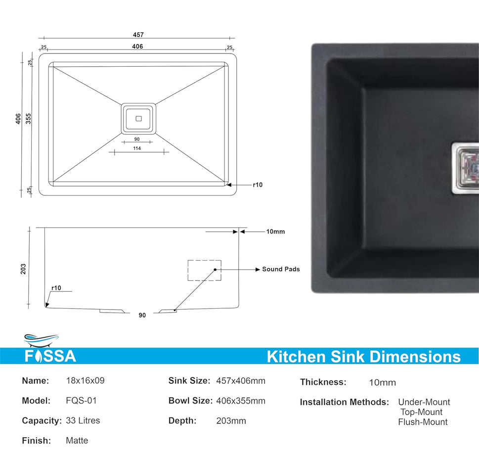 Fossa 18"x16"x09 Quartz Single Bowl Kitchen Sink | Black Non-fading Colour with UV Protection | Natural Stone Quartz/Granite Sink with Sink Coupling, Waste Pipe & Strainer Basket