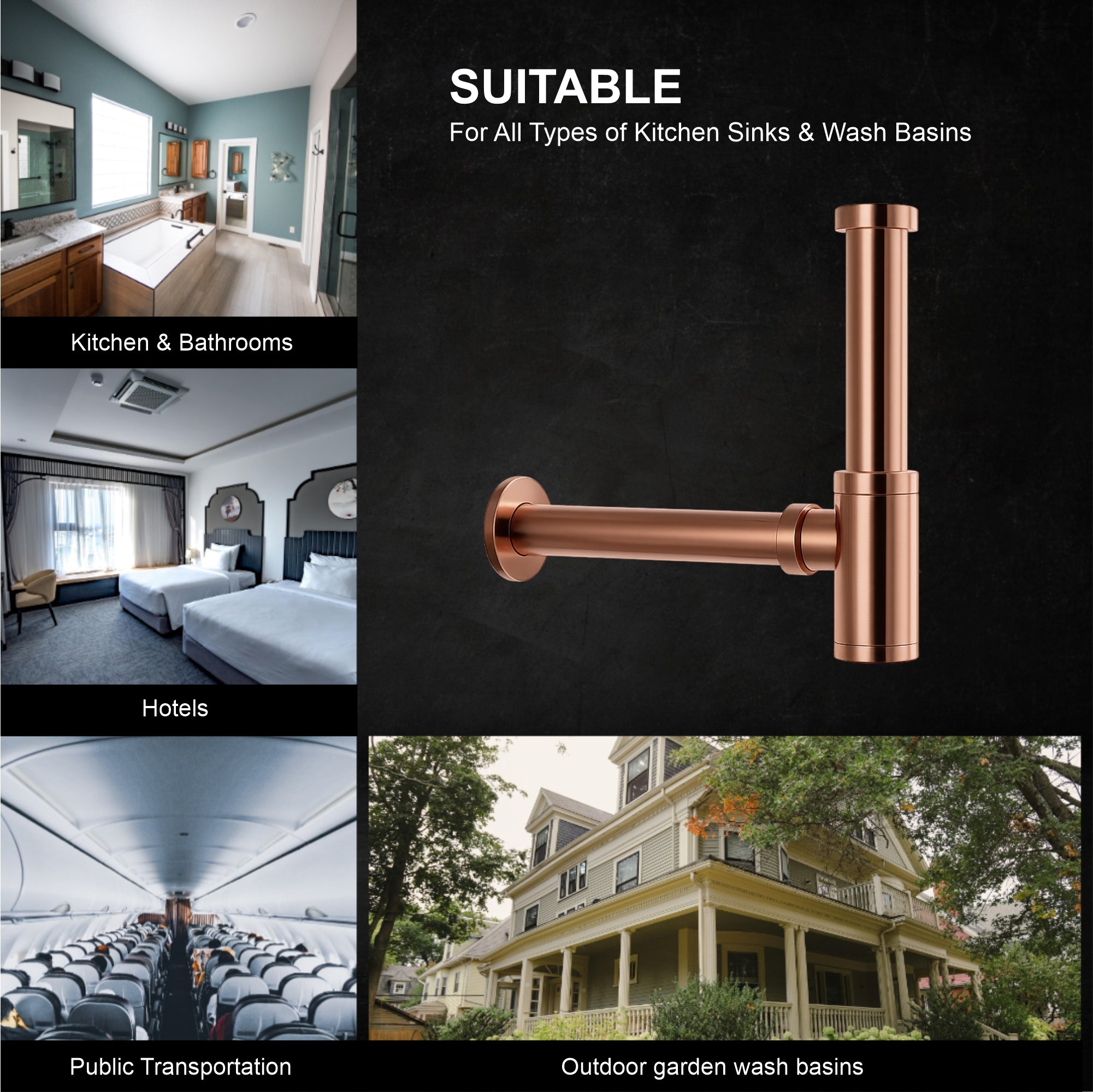 12 inch Stainless Steel Rose Gold Bottle Trap with Flange - Fossa Home 