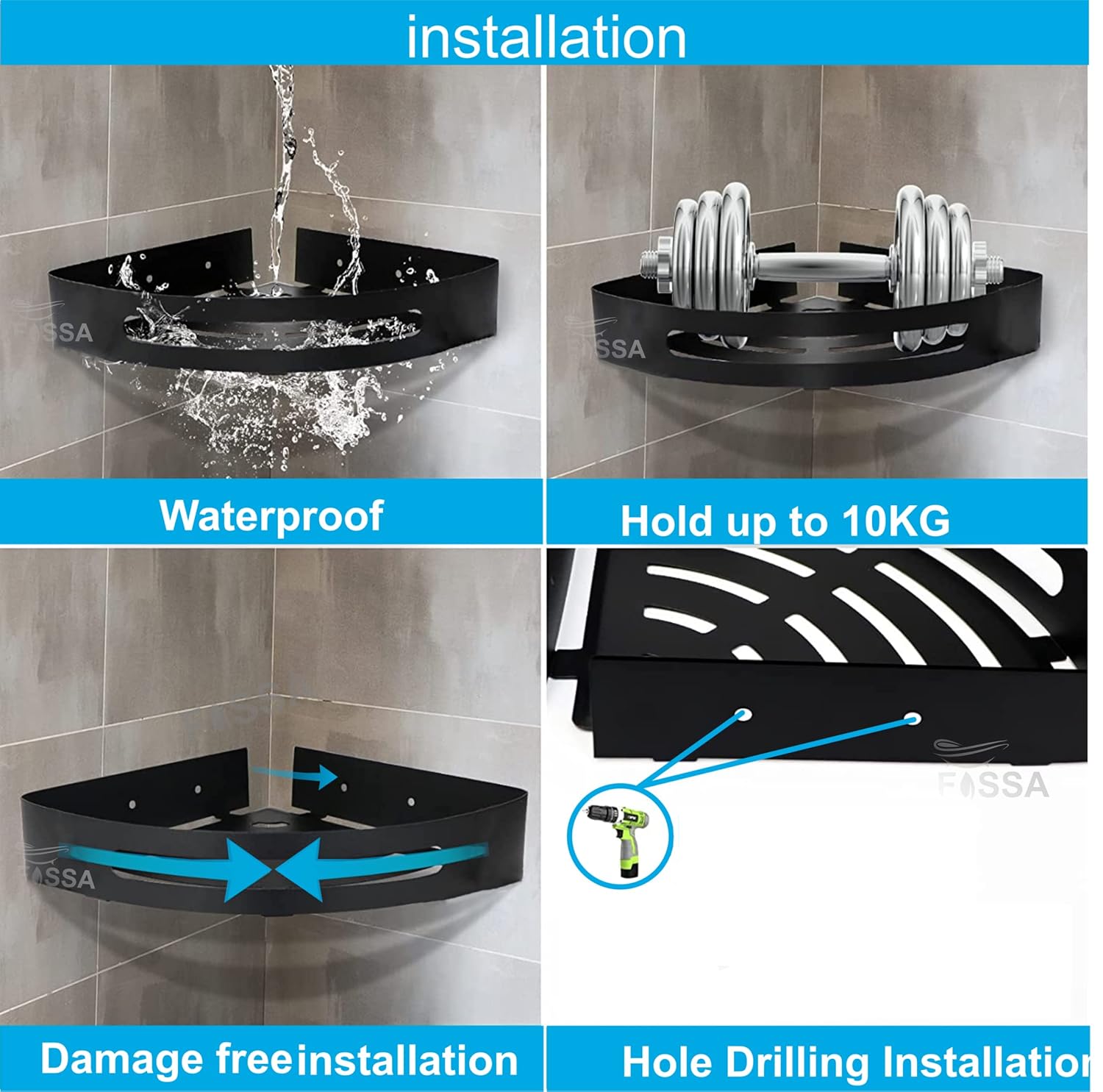 FOSSA Bathroom Shelf, Rustproof Corner Shower Caddy for Bathroom Kitchen Organizer, 304 Stainless Steel (Triangle,3 Packs) (Black)