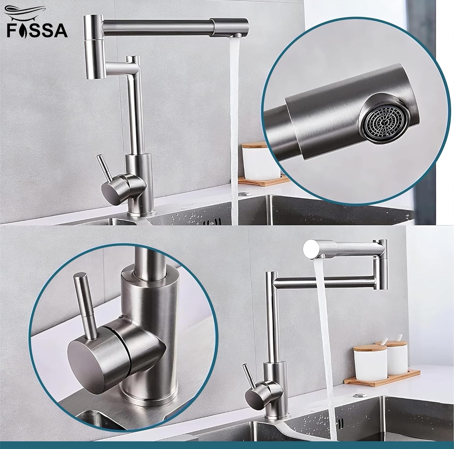Fossa Kitchen Sink Mixer Tap, Single Handle Stainless Steel 360° Swivel Kitchen Sink Tap, Commercial Modern Brushed Nickel Kitchen Sink Faucet with Flexible Spout Zig Zag Faucet ,