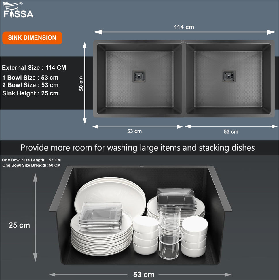 Fossa 45"x20"x10" Double Bowl Handmade Kitchen Sink Honeycomb Embossed Sink with Black Nano Coating, Stainless Steel Sink, Rectangular Workstation with Drainer and Overflow Set (Black)