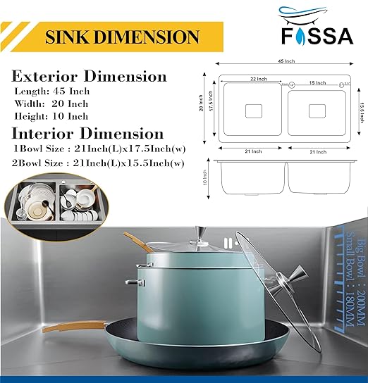 Fossa Silver Kitchen Sink - 45"x20"x10" Stainless Steel Double Bowl Sink With Tap Hole,Drain Basket, Soap Dispenser, Siphon Drain - Topmount Sink for Campervan or Home Kitchen