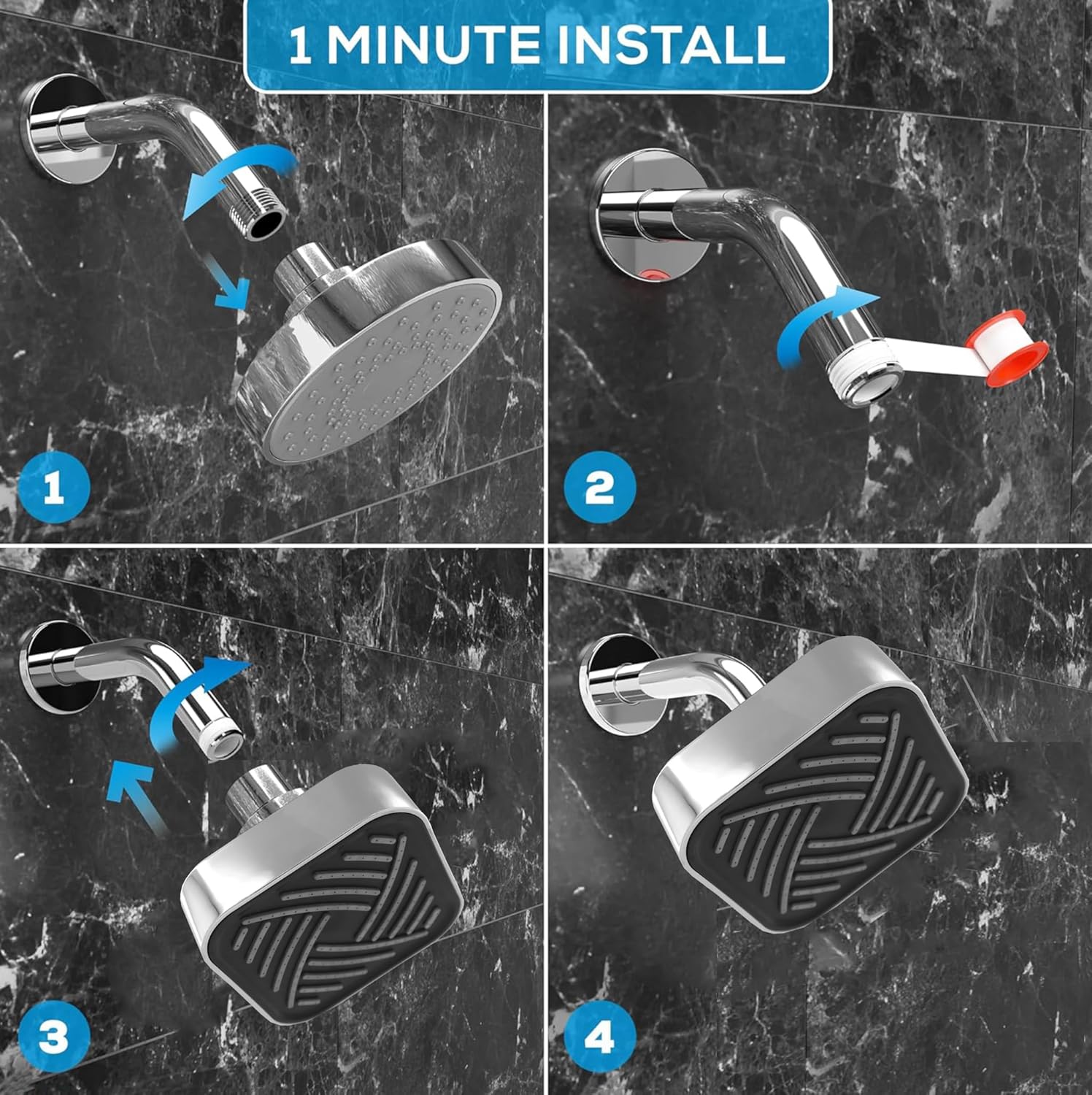 Fossa 4"x4" Square Lexo Shower Head - High Pressure Rain - Luxury Design - 1-Min Install - Easy Clean Adjustable for Your Bathroom Shower Heads (With 9" Arm)