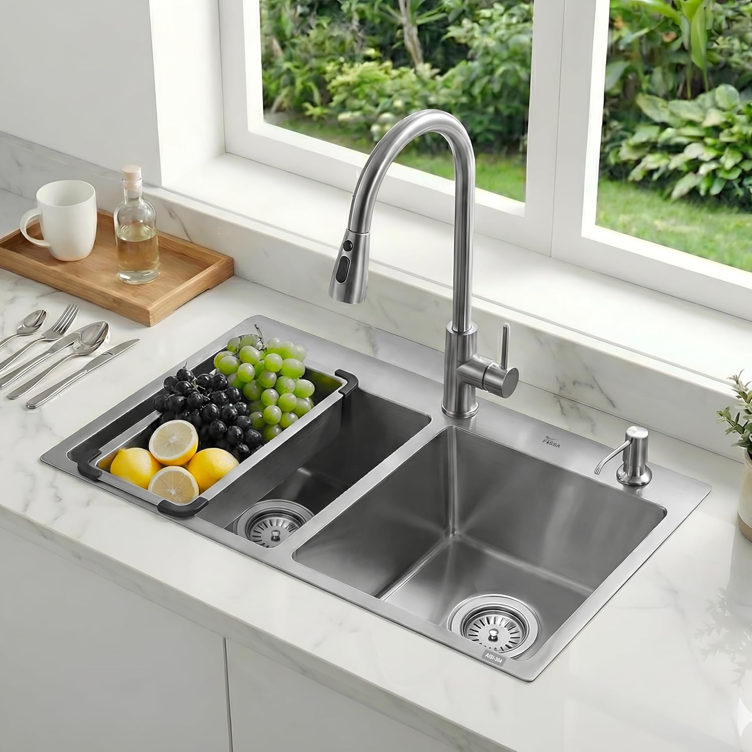 Aqua 304 Handmade  (37 x 18 x 09 ) Inch Stainless Steel Double Bowl Bowl Tap Hole Round Coupling Silver Kitchen Sink