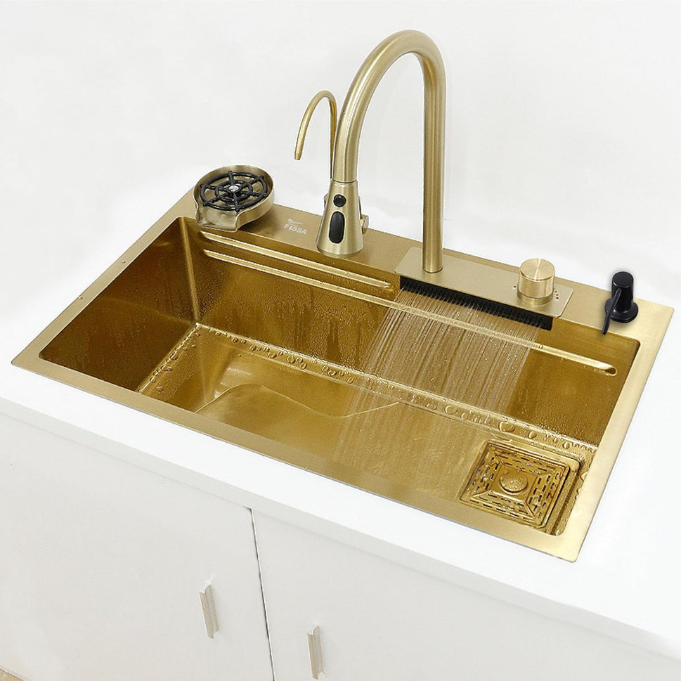 Fossa 30"x18" Single Bowl Waterfall Kitchen Sink Honeycomb Embossed Sink with White Nano Coating, Stainless Steel, Rectangular Workstation, faucet With all Accessories.Gold