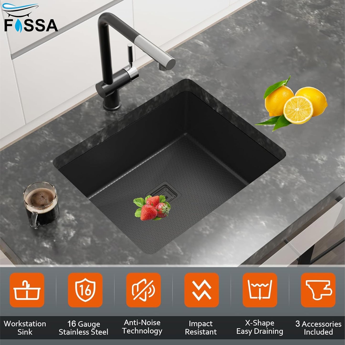 Fossa 18"x16"x09" Single Bowl Honeycomb Embossed Sink with Black Nano Coating, Stainless Steel Single Bowl Sink, Rectangular Workstation with Drainer and Overflow Set (Black)