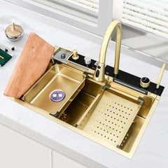 Fossa 30"x18"x09" Inch Piano Waterfall 304 Grade Stainless Steel Sink with LED Pannel and Touchscreen Digital Display - Nano Finish with All Accessories (Gold) - Fossa Home 