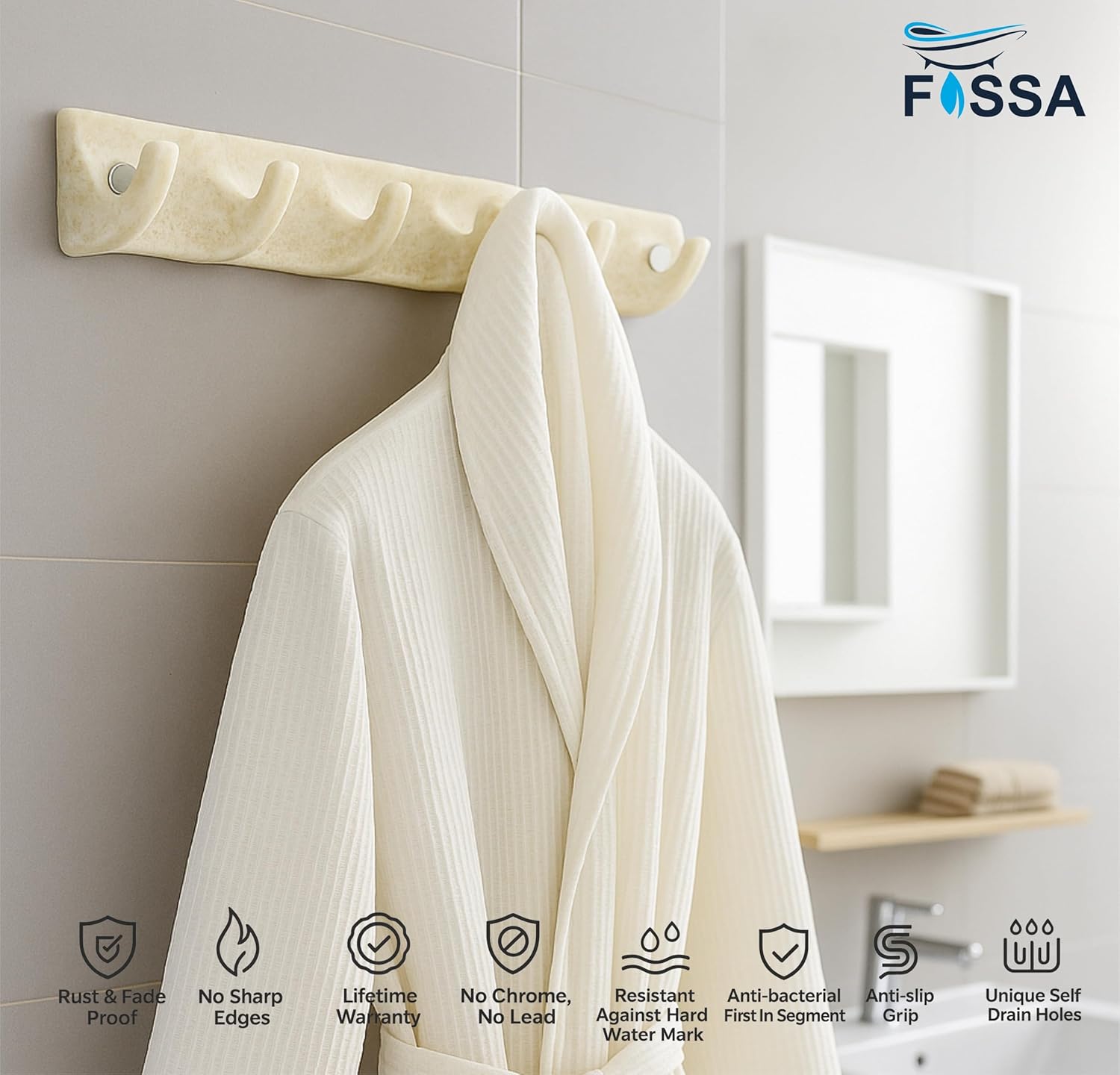 FOSSA Classy Ceramic Cloth Hanger – Stylish Wall Mounted Hook Rack with 6 Curved Hooks for Bathroom & Living Spaces (Cream) - Fossa Home 