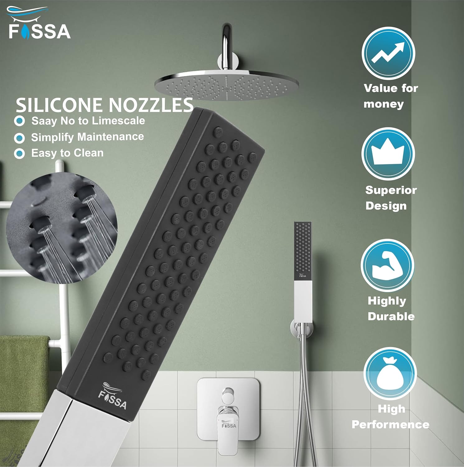 Fossa Vista Square ABS Hand-Held Shower with 1.5 Mtr Hose Pipe and Wall Hook for Bathroom, High Pressure Shower Set (Chrome Finish)