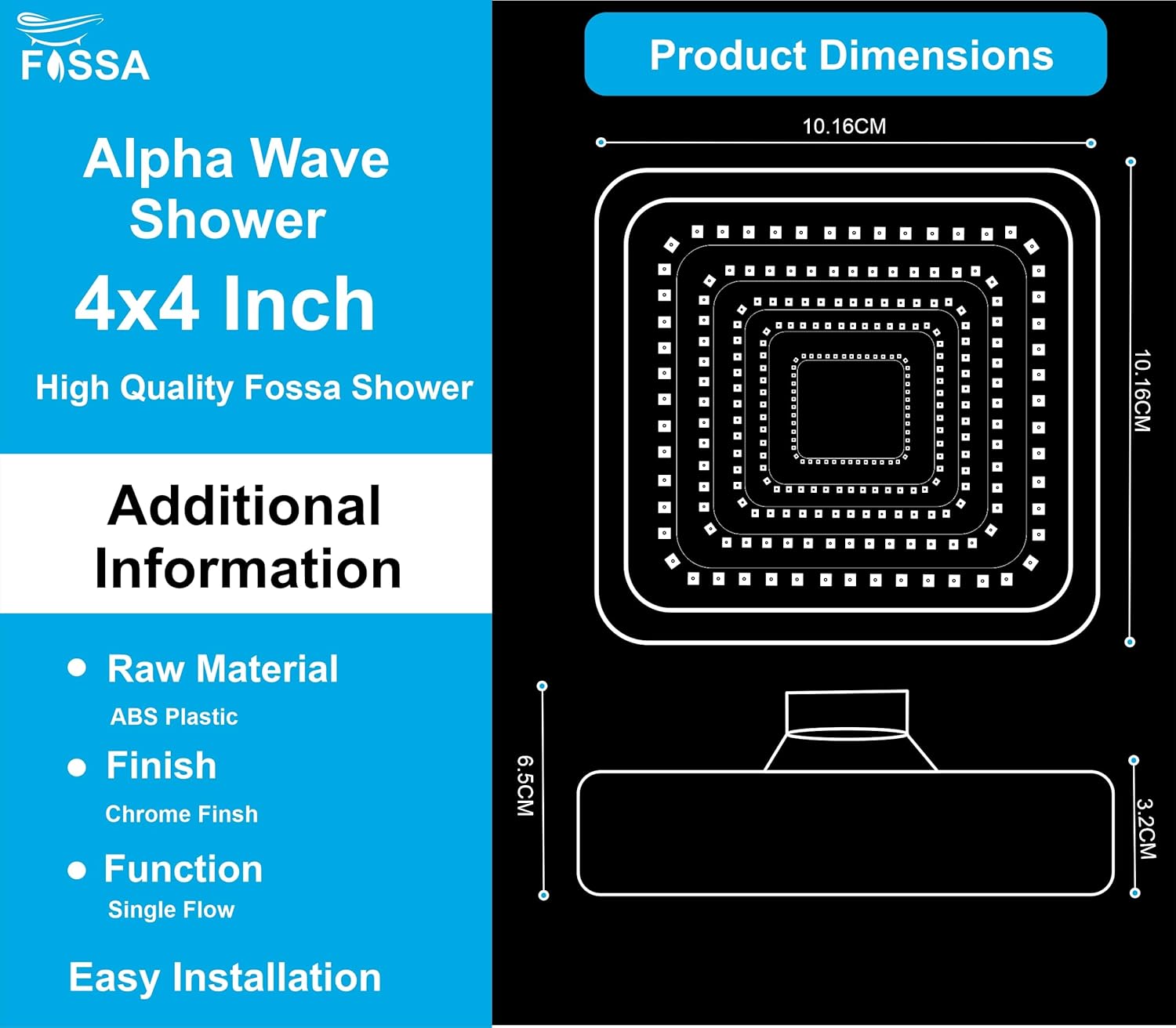 Fossa 4"x4" Square Alpha Wave Shower Head - High Pressure Rain - Luxury Design - 1-Min Install - Easy Clean Adjustable for Your Bathroom Shower Heads Chrome Finish (Without Arm)