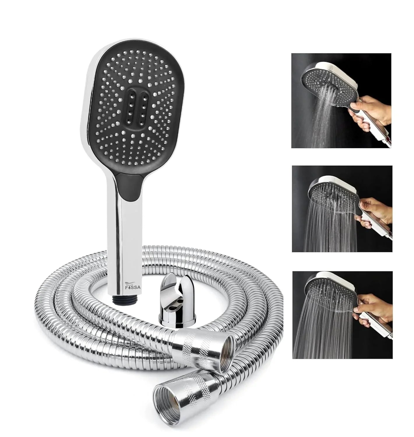 Fossa Thunder Black Luxury Handheld Shower Head with 3 Spray Setting Modes, Multi-Function, Large Hand Shower with Wall Hook and 1M SS Shower Tube,Handheld Shower for Bathroom (Chrome Finish) (Hand Shower Set) - Fossa Home 