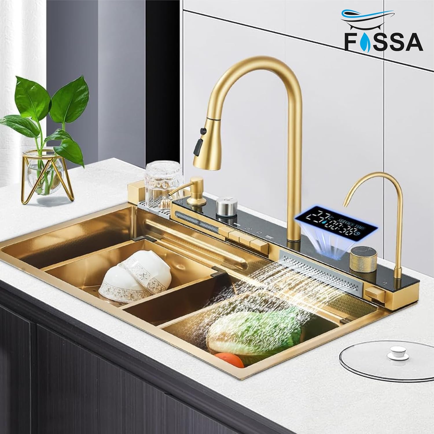 Fossa 30"x18"x09" Inch Piano Waterfall 304 Grade Stainless Steel Sink with LED Pannel and Touchscreen Digital Display - Nano Finish with All Accessories (Gold) - Fossa Home 