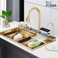Fossa 30"x18"x09" Inch Piano Waterfall 304 Grade Stainless Steel Sink with LED Pannel and Touchscreen Digital Display - Nano Finish with All Accessories (Gold) - Fossa Home 