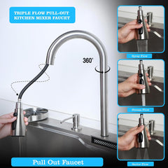 Fossa 37"x18"x10" Single Bowl 304 Grade WaterFall Kitchen Sink with Integrated Waterfall mode and Pull Down Faucet with Steel Tray, Fruit Basket and Complete Accessories Set. - Fossa Home 