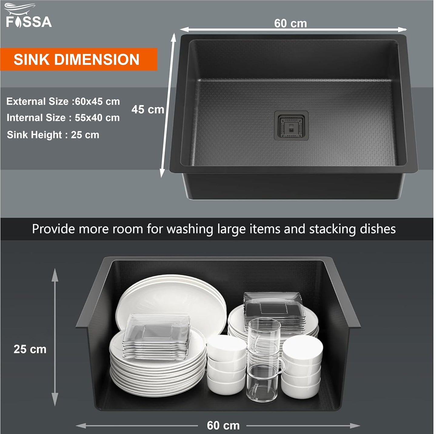 Fossa 24"x18"x10" Single Bowl Honeycomb Embossed Sink with Black Nano Coating, Stainless Steel Single Bowl Sink, Rectangular Workstation with Drainer and Overflow Set (Black)