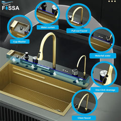 Fossa 30"x18"x09" Inch Piano Waterfall 304 Grade Stainless Steel Sink with LED Pannel and Touchscreen Digital Display - Nano Finish with All Accessories (Gold) - Fossa Home 