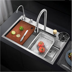 Fossa 37"x18"x10" Single Bowl 304 Grade WaterFall Kitchen Sink with Integrated Waterfall mode and Pull Down Faucet with Steel Tray, Fruit Basket and Complete Accessories Set. - Fossa Home 