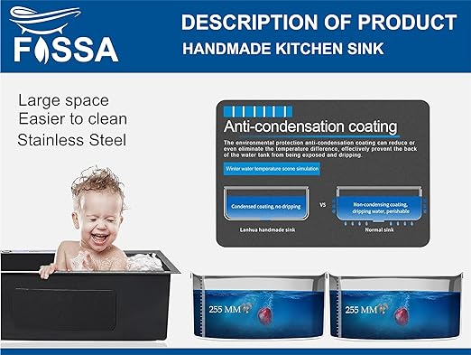 Fossa Black Kitchen Sink - 32"x18"x10" Stainless Steel Double Bowl Sink With Tap Hole,Drain Basket, Soap Dispenser, Siphon Drain - Topmount Sink for Campervan or Home Kitchen