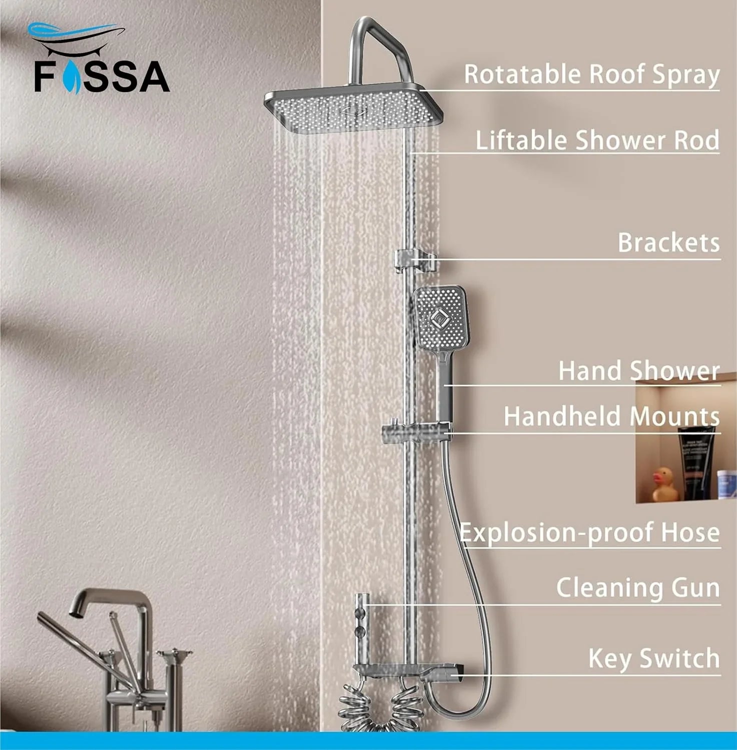 Fossa Spark Shower System with Thermostat Shower Set Wall Piano Button Shower Set Height Adjustable Rain Shower Set with Shower Fitting, 12 Inch Shower Head, Hand Shower, Bidet Spray, Gun (Grey) (Light Weight ) - Fossa Home 