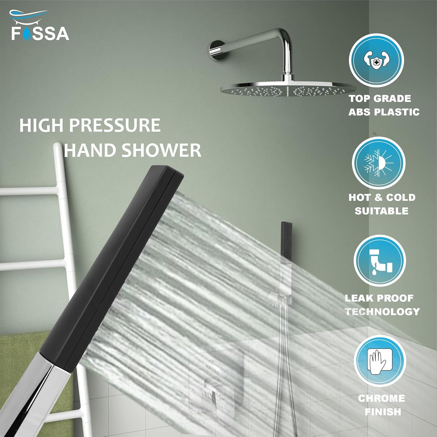 Fossa Vista Square ABS Hand-Held Shower with 1.5 Mtr Hose Pipe and Wall Hook for Bathroom, High Pressure Shower Set (Chrome Finish)