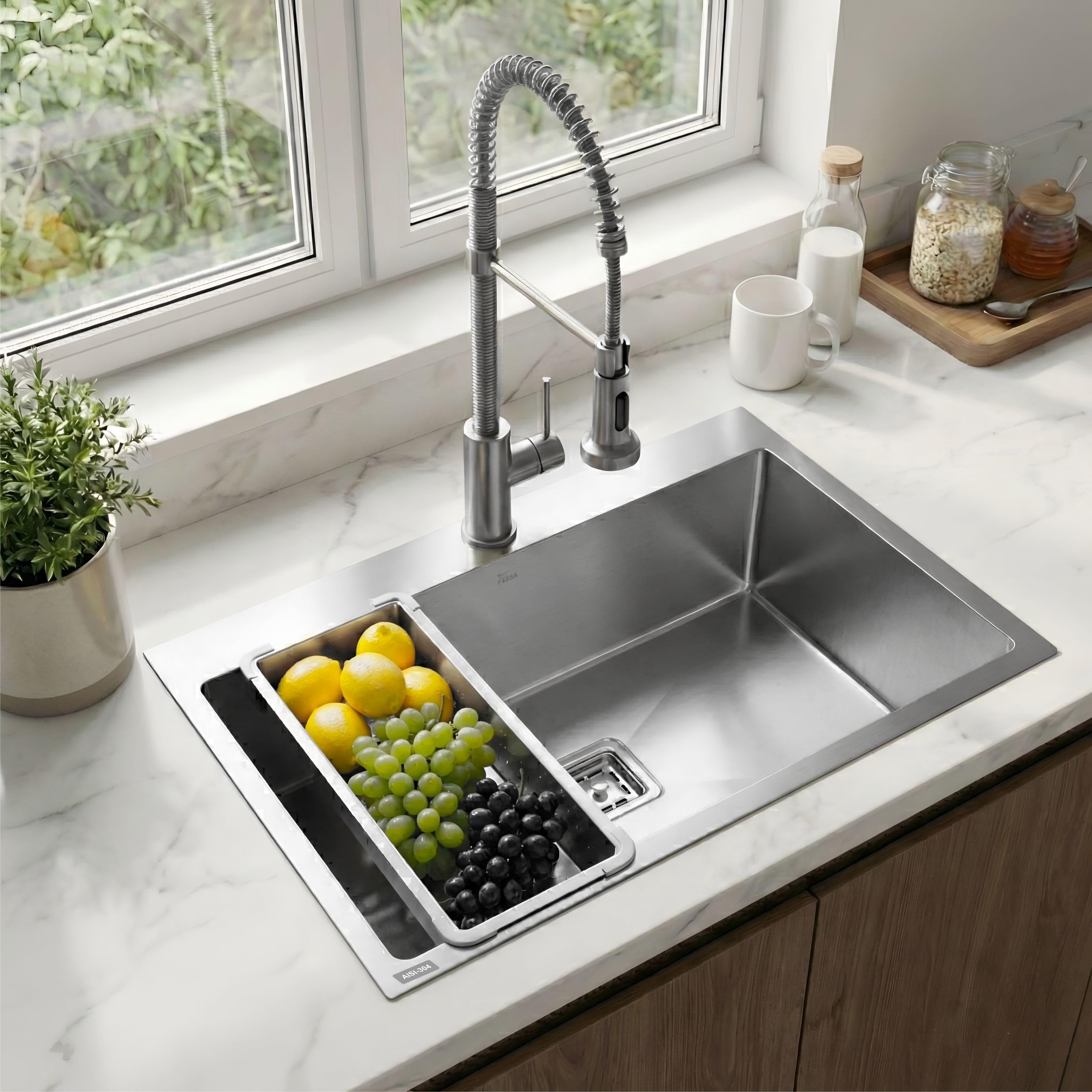Aqua 304 Handmade  (30 x 18 x 09 ) Inch SS Single Bowl Tap Hole Square Coupling Silver Kitchen Sink