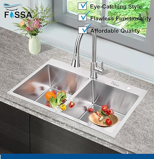 Fossa Silver Kitchen Sink - 32"x18"x10" Inch Stainless Steel Double Bowl Sink With Tap Hole,Drain Basket, Soap Dispenser, Siphon Drain - Topmount Sink for Campervan or Home Kitchen