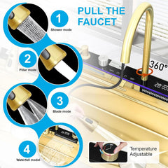 Fossa 30"x18"x09" Inch Piano Waterfall 304 Grade Stainless Steel Sink with LED Pannel and Touchscreen Digital Display - Nano Finish with All Accessories (Gold) - Fossa Home 
