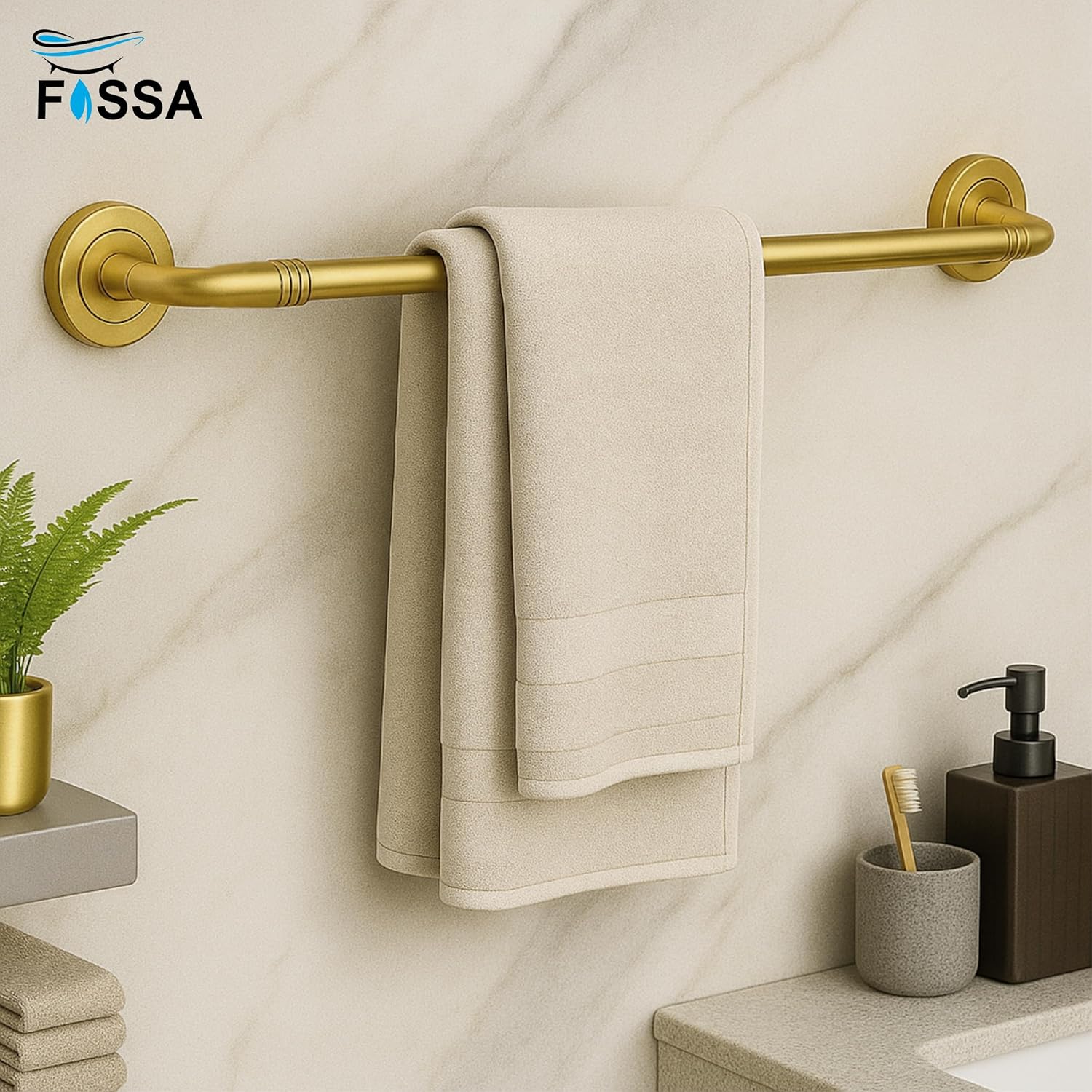 Gold towel rack with a beige towel on a marble wall, Fossa logo visible