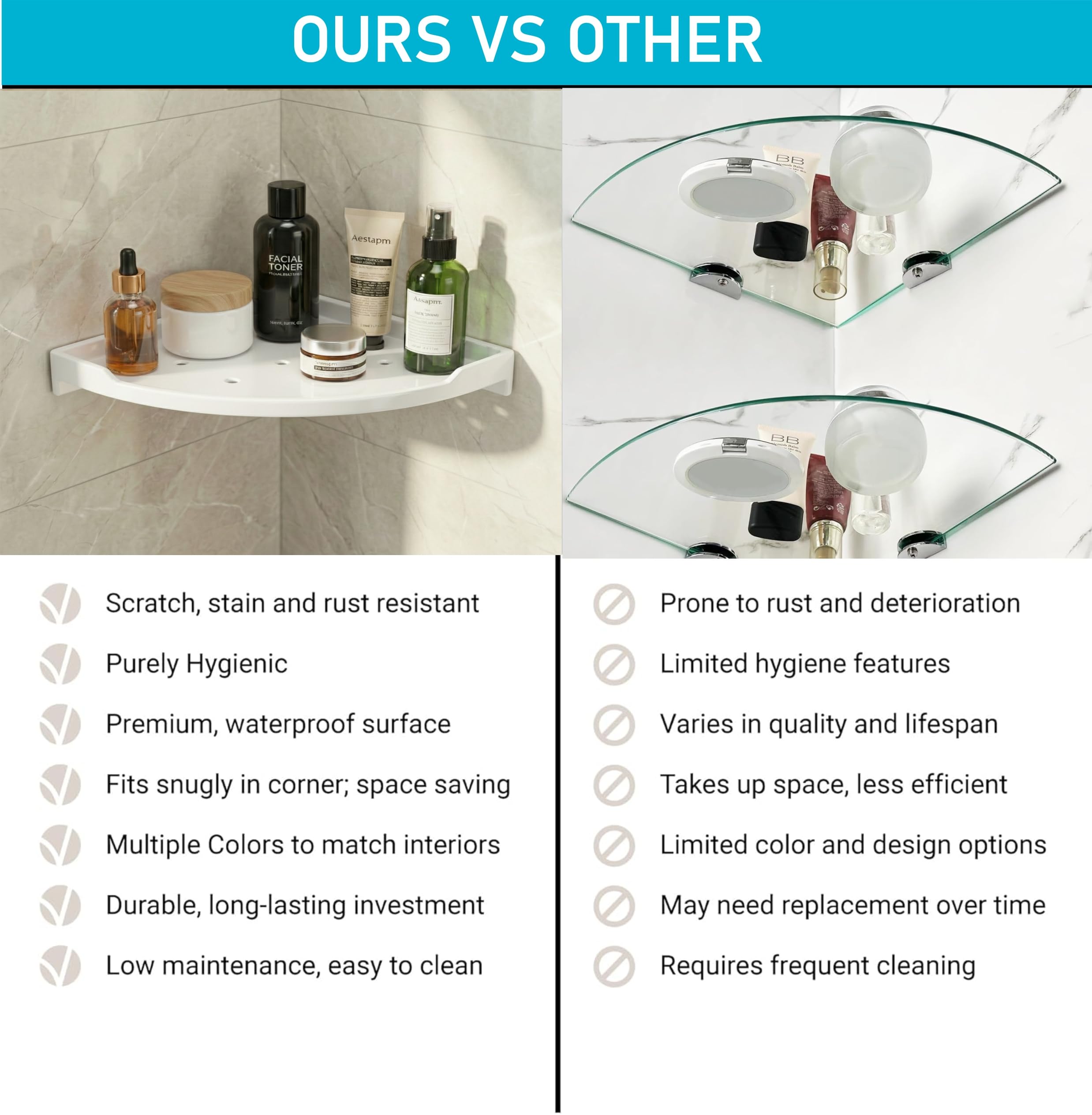 White Corner Wall Shelf 9 inch Unbreakable Abs Ceramic Finish (RW-133) - Fossa Home 