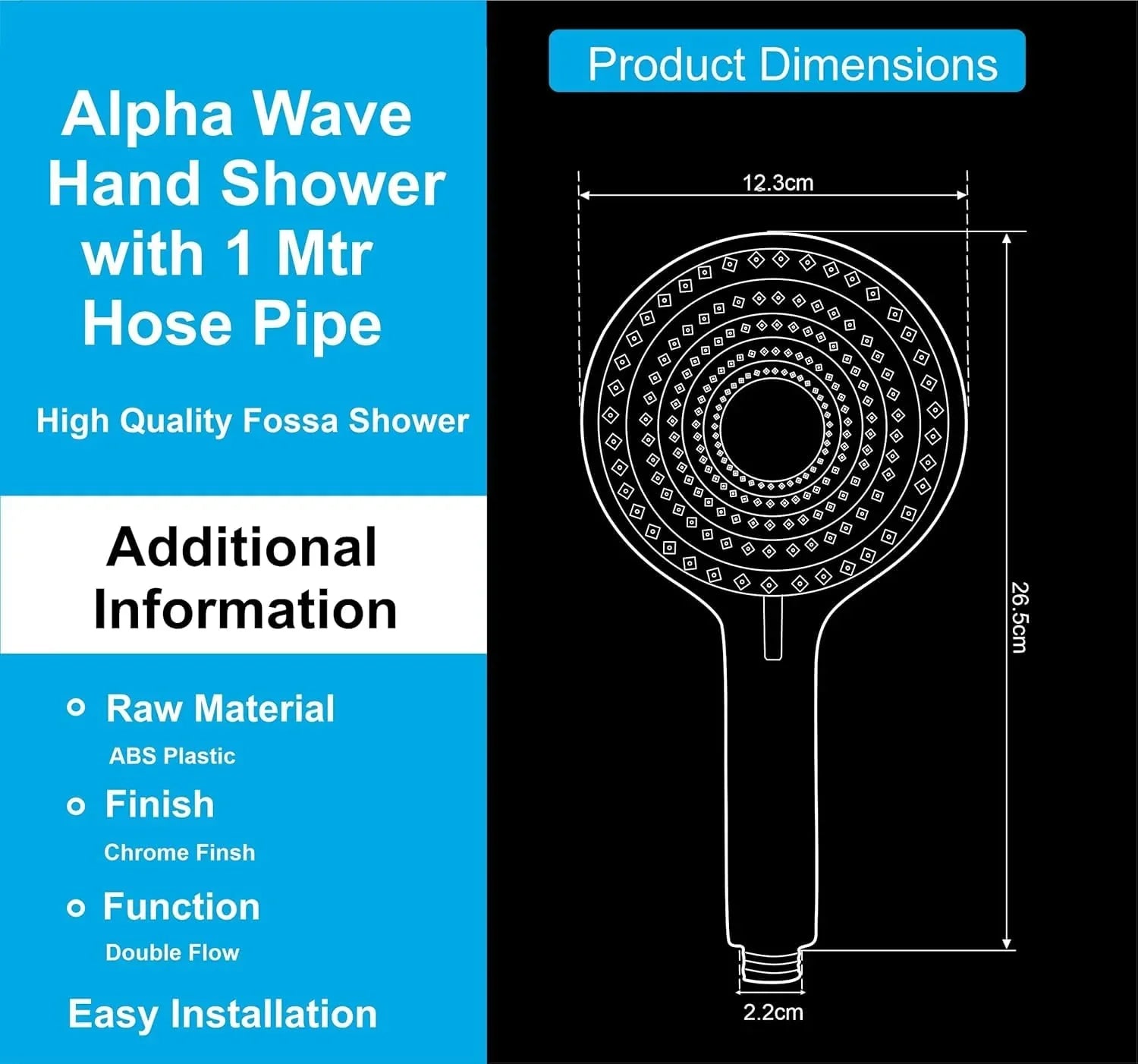 chrome finish hand shower alpha with two spray modes and stainless steel hose pipe