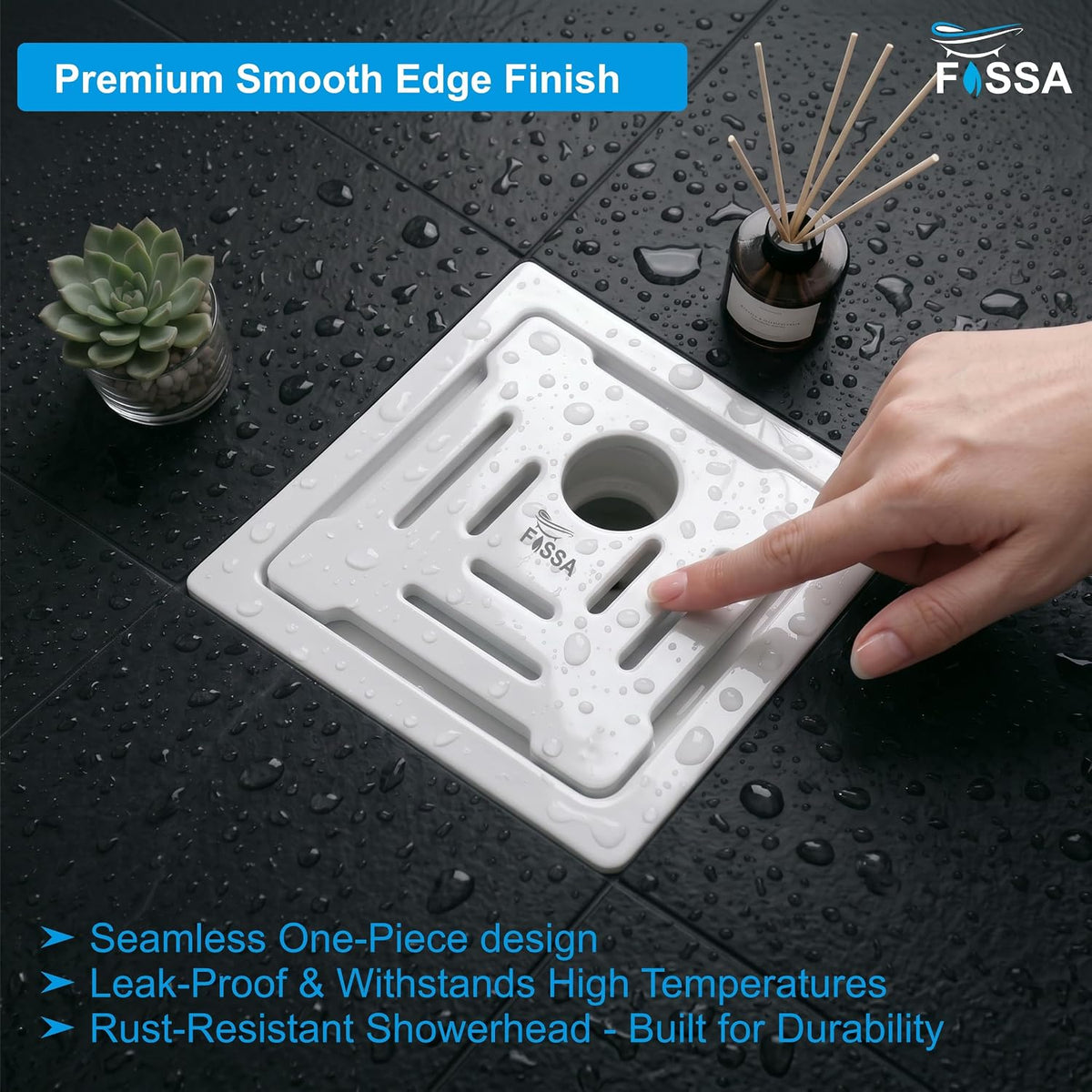 6x6 inch white ceramic floor drain with melamine finish and cockroach trap, suitable for bathroom and floor installation.