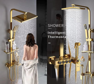 premium gold thermostatic rainfall waterfall shower panel set
