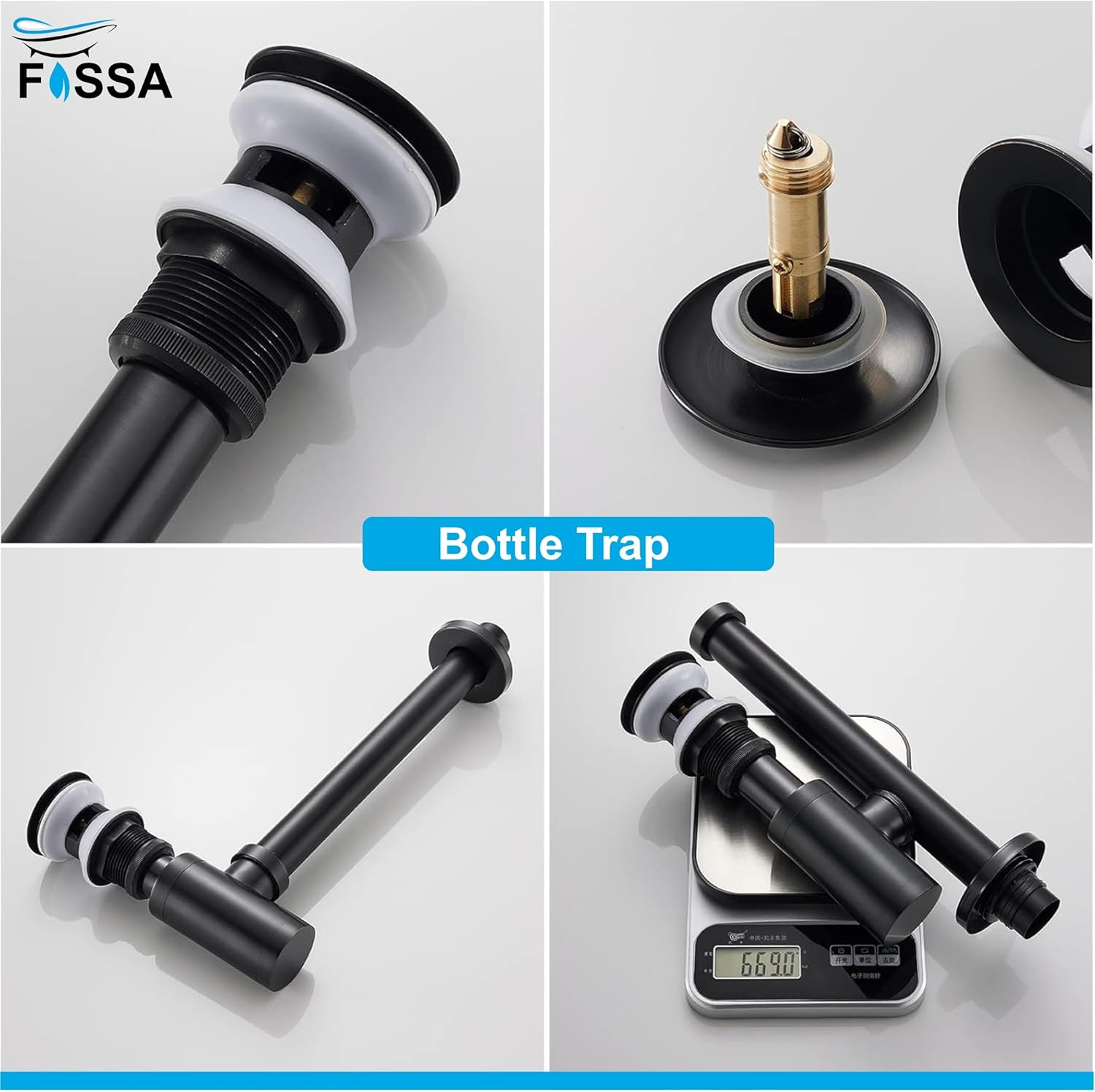 Fossa Stainless Steel | Stylish Bottle Trap & Drain Pipe for Bathroom Wash Basin & Kitchen Sink | Rust-Free Design Black (Bottle Trap with Pop-up Waste Coupling Set)