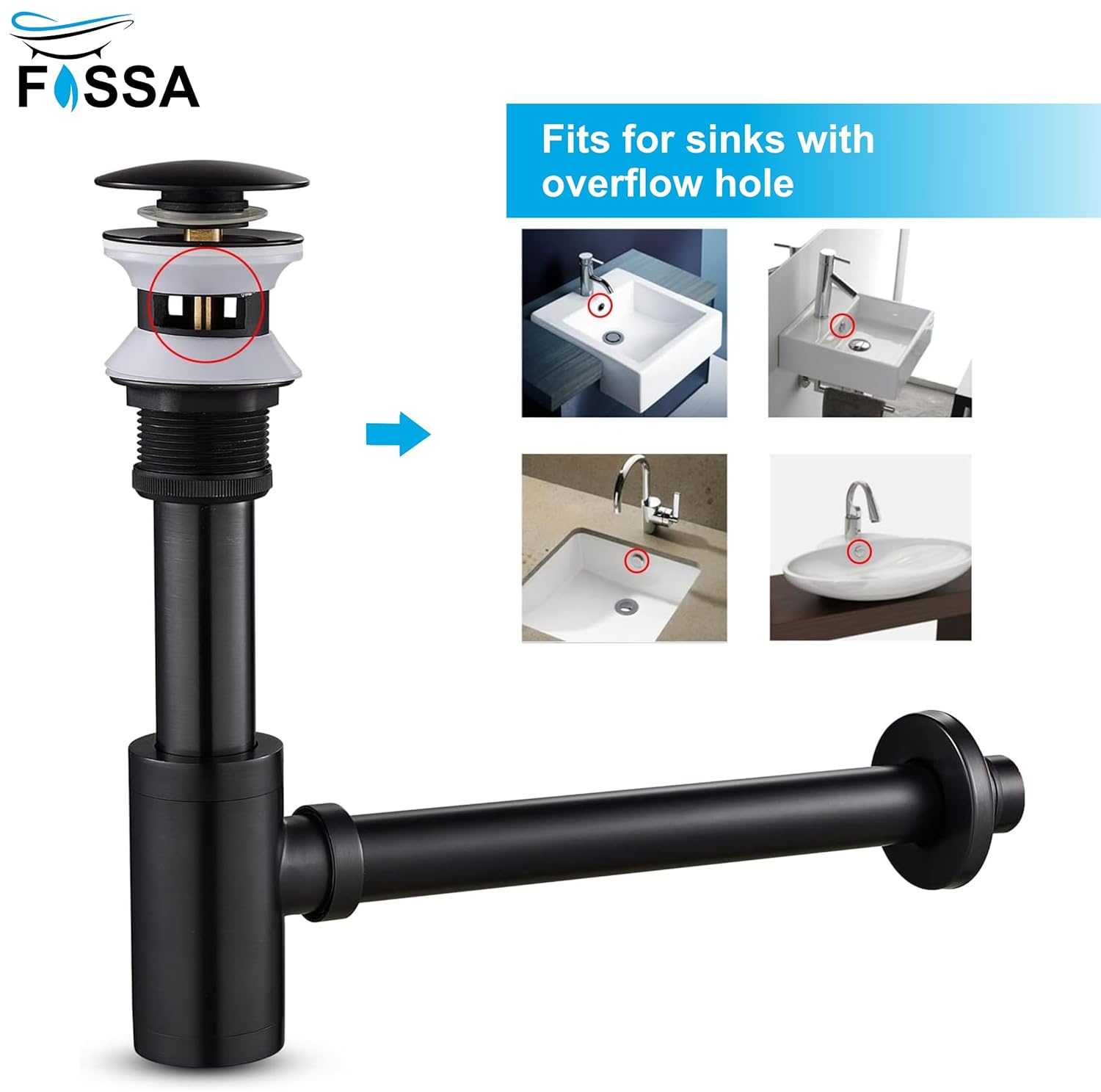 Fossa Stainless Steel | Stylish Bottle Trap & Drain Pipe for Bathroom Wash Basin & Kitchen Sink | Rust-Free Design Black (Bottle Trap with Pop-up Waste Coupling Set)