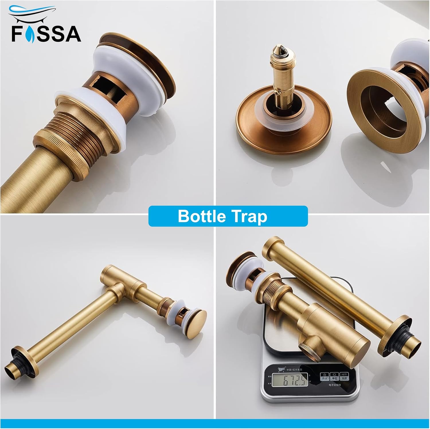 Fossa Stainless Steel | Stylish Bottle Trap & Drain Pipe for Bathroom Wash Basin & Kitchen Sink | Rust-Free Design Gold (Bottle Trap with Pop-up Waste Coupling Set)