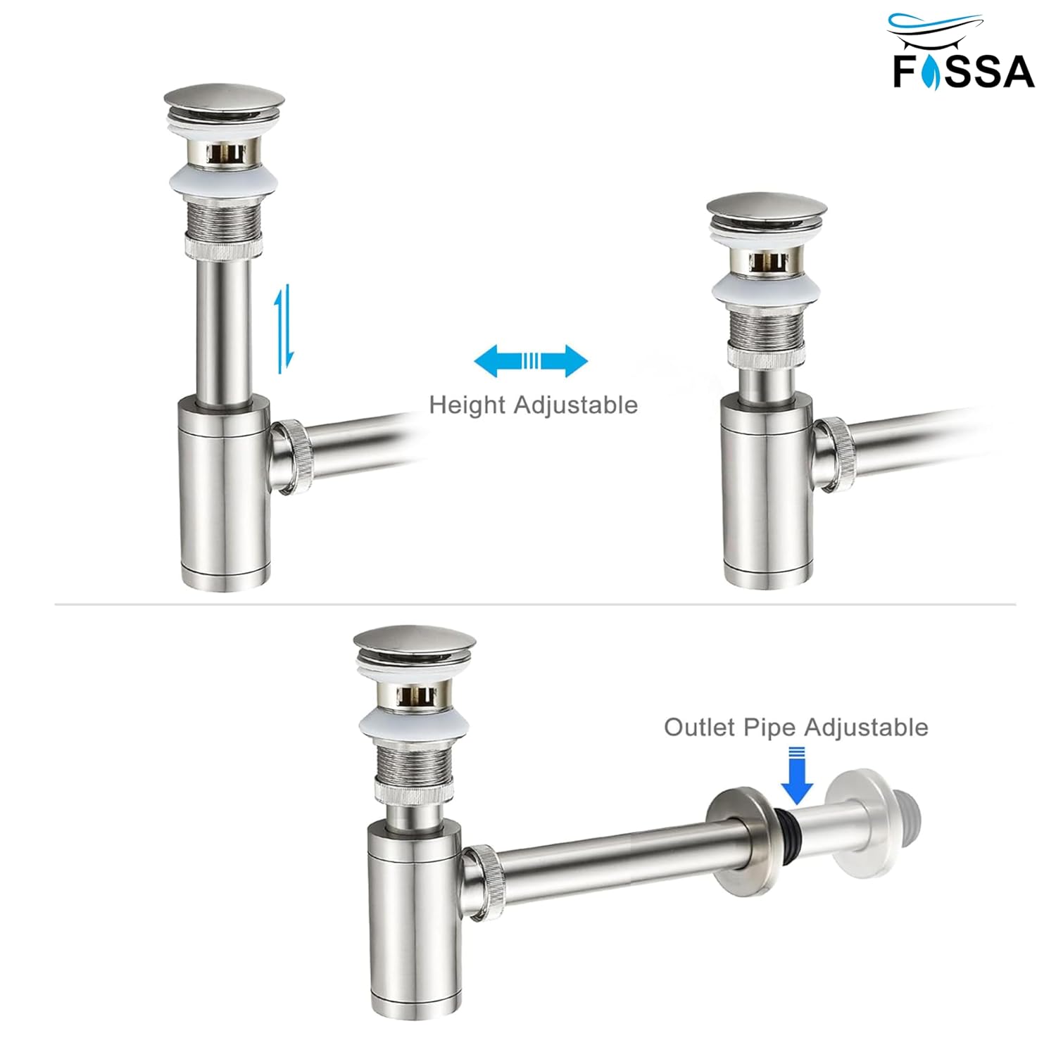 Fossa Stainless Steel Bottle Trap Set with Waste Outlet Pipe for Bathroom Wash Basin/Kitchen Sink (Bottle Trap with Coupling) (Silver)